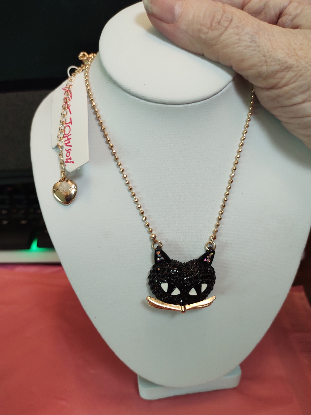 Betsey Johnson Black Crystal Cat Pendant Necklace with Gold-tone Whiskers - Picture 2 of 4